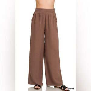 Zenana Brown Double Gauze Lounge Wide Leg Pants